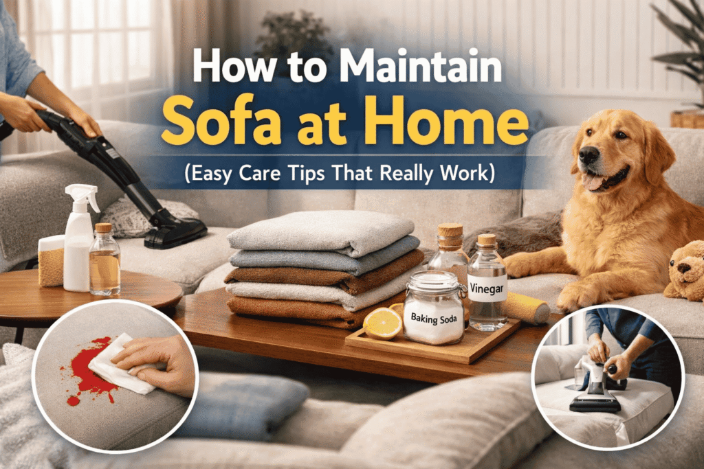 A bright living room with a beige sofa being vacuumed, natural cleaning supplies on a table, folded sofa covers, and a golden retriever relaxing, illustrating tips on how to maintain a sofa at home.