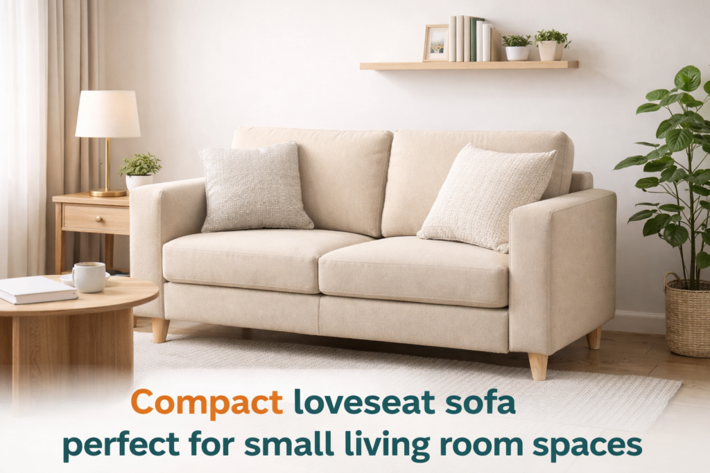 Compact beige loveseat sofa in a clean living room showing how to protect sofa from dust and keep furniture fresh at home.