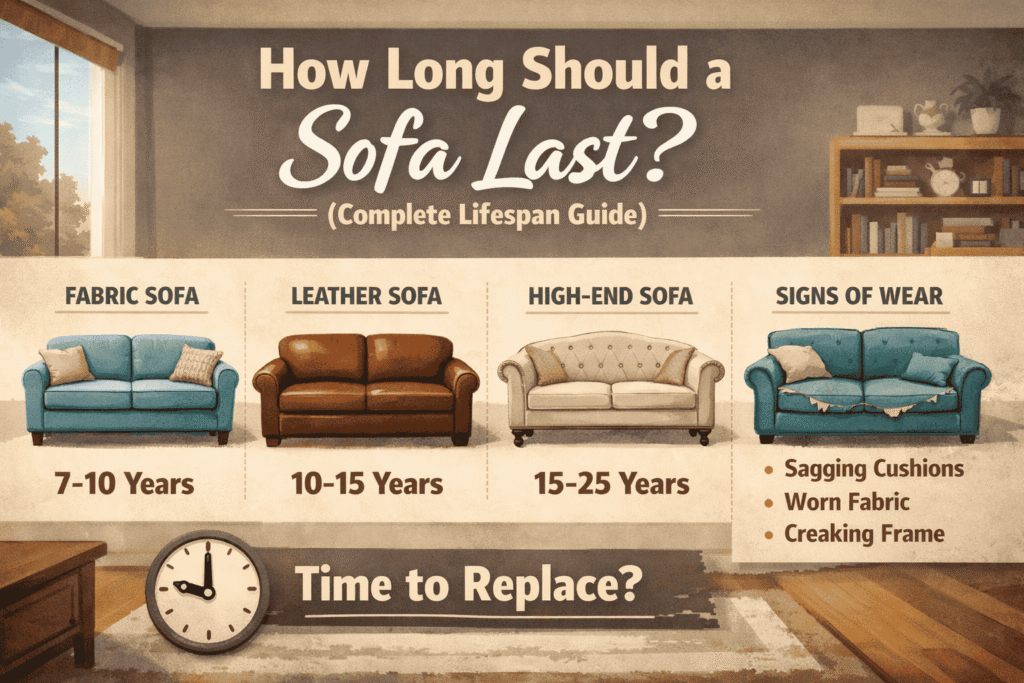 Infographic showing the lifespan of different types of sofas, including fabric, leather, and high-end sofas, with signs of wear like sagging cushions and worn fabric. Complete guide on how long a sofa should last.How Long Should a Sofa Last