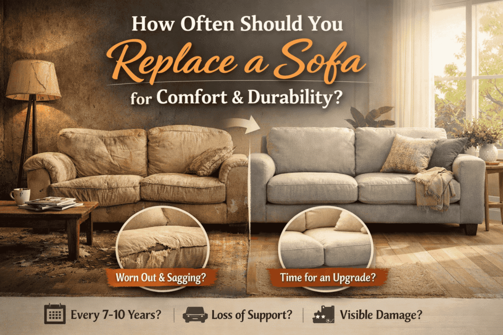 Old vs new sofa comparison showing when to replace a sofa for comfort and durability with signs like sagging cushions and visible damage.How Often Should You Replace a Sofa