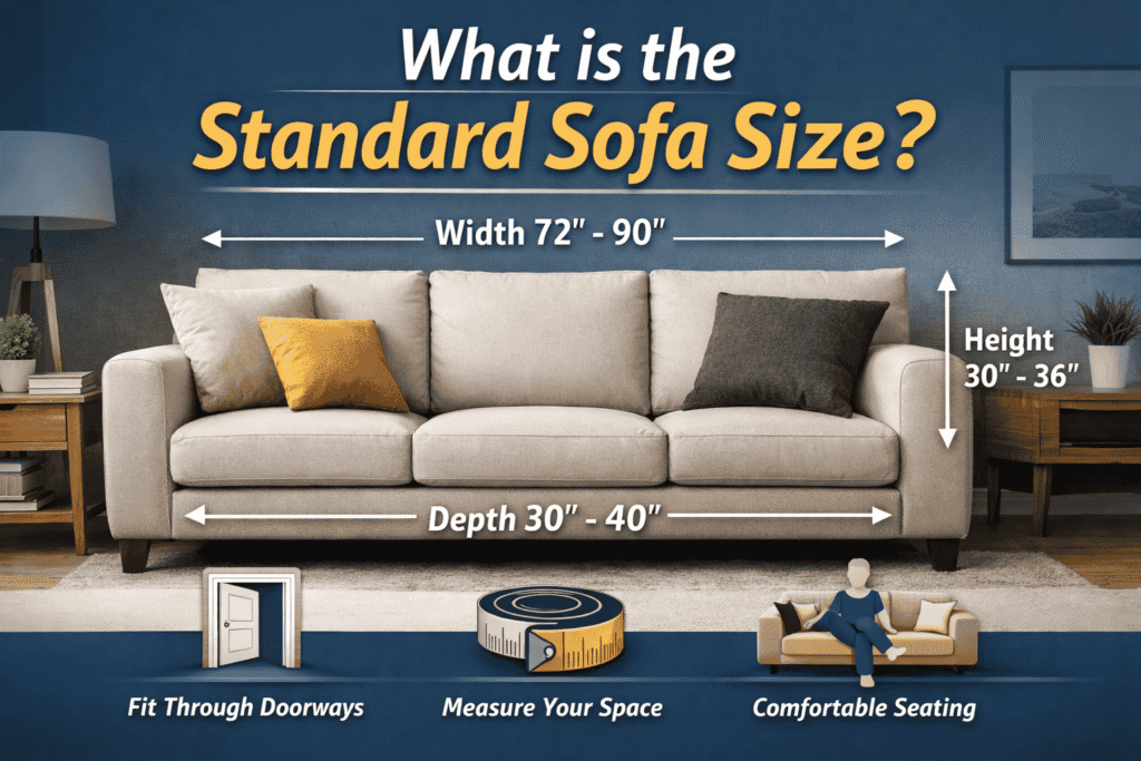 This illustration shows a standard sofa in a modern living room setup, with visual guides for its typical length, depth, and height, helping readers understand what is the standard sofa size.
