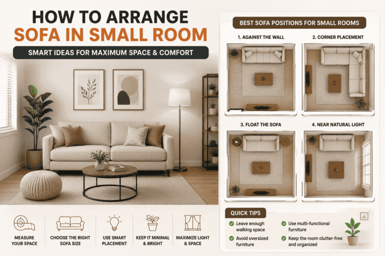 Infographic showing how to arrange sofa in a small room with space-saving layout ideas, including wall placement, corner sofa setup, floating sofa design, and tips to maximize space and natural light in 2026