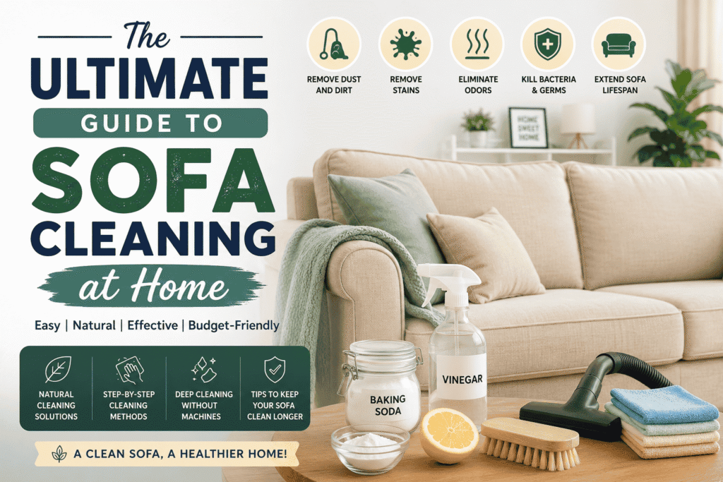 The Ultimate Guide to Sofa Cleaning at Home (2026 Complete Guide) featuring a modern living room setup with a clean sofa, cleaning tools like vinegar, baking soda, brush, and spray bottle, highlighting DIY sofa cleaning tips and home maintenance methods.