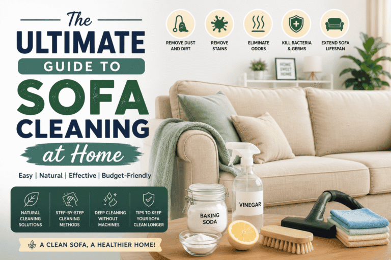 The Ultimate Guide to Sofa Cleaning at Home (2026 Complete Guide) featuring a modern living room setup with a clean sofa, cleaning tools like vinegar, baking soda, brush, and spray bottle, highlighting DIY sofa cleaning tips and home maintenance methods.