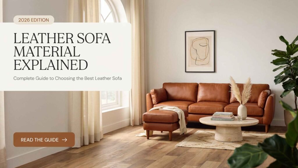 Alt Text: Leather Sofa Material Explained – Complete Guide to Choosing the Best Leather Sofa (2026), showing different leather sofa materials including full grain, top grain, genuine leather, and faux leather comparison