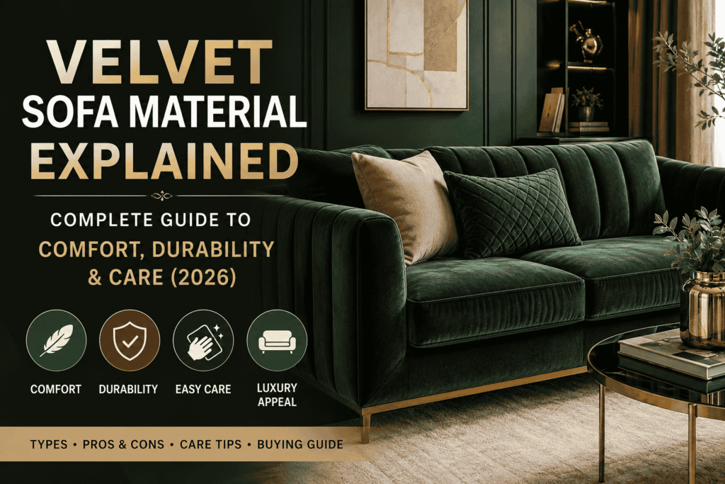 Velvet Sofa Material Explained – luxury green velvet sofa in a modern living room showcasing comfort, durability, care tips, and buying guide for choosing the best velvet couch in 2026.