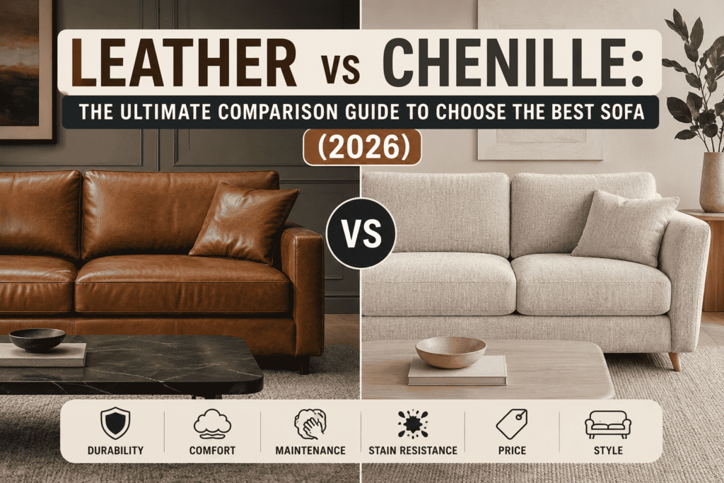 Leather vs Chenille sofa comparison showing a brown leather sofa and a light chenille sofa side by side to compare comfort, durability, maintenance, style, and value in 2026.