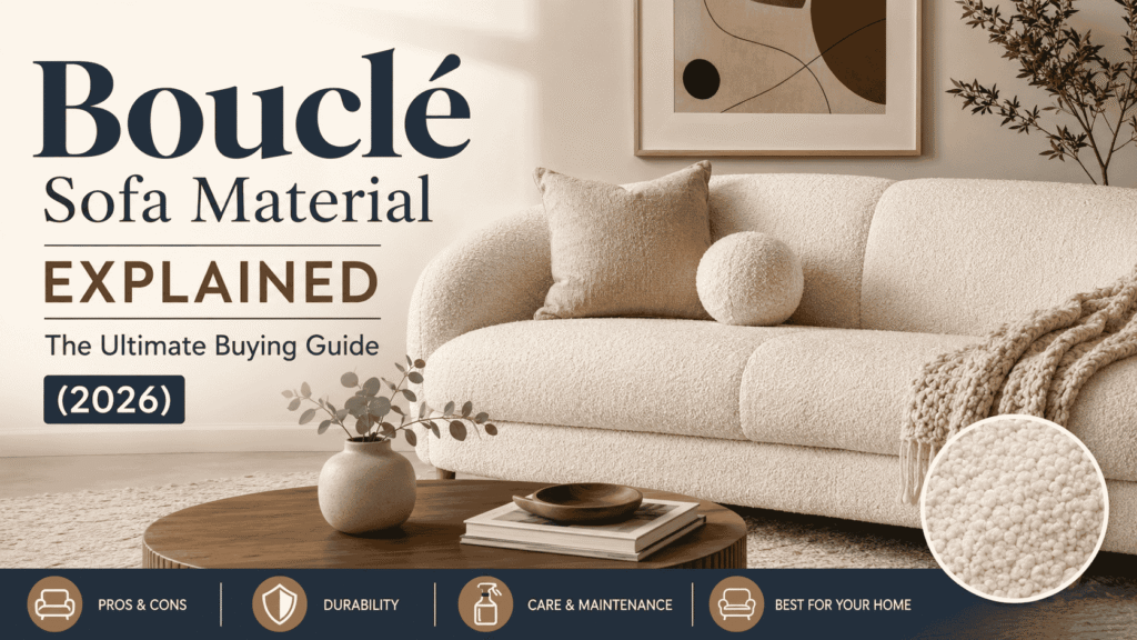 Modern cream-colored bouclé sofa in a stylish living room, showcasing the soft texture, comfort, durability, and luxury appeal of bouclé sofa material.