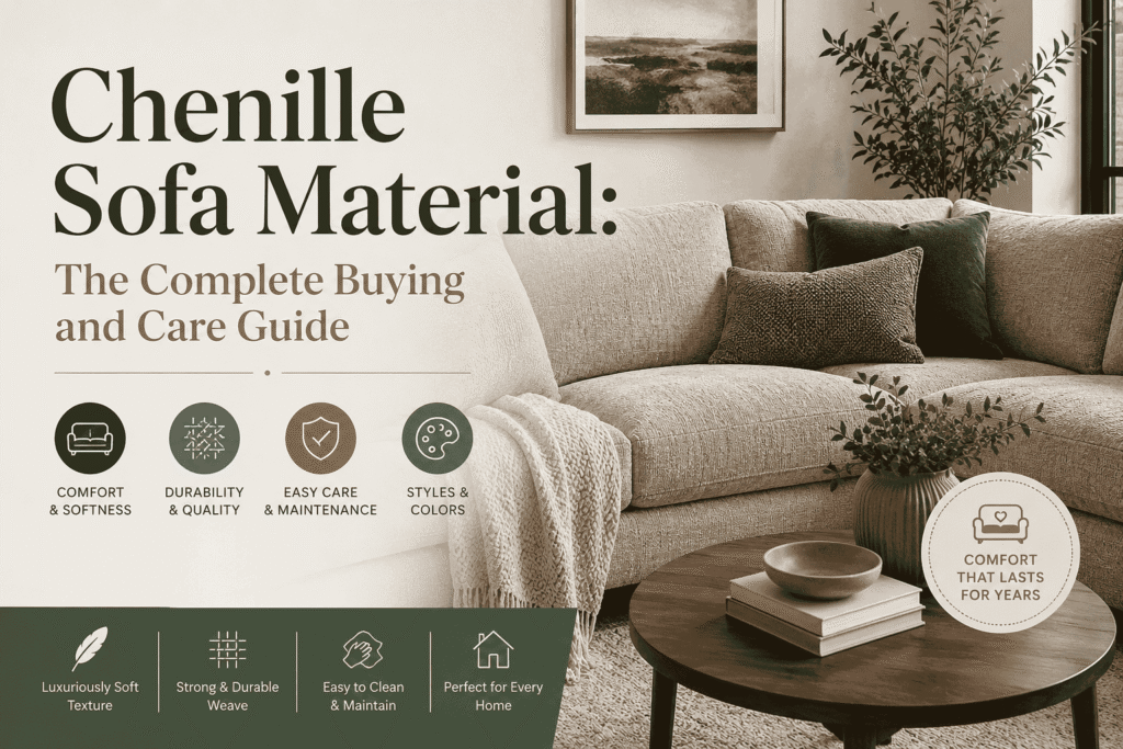 Modern living room featuring a soft chenille sofa, showcasing the comfort, durability, and elegant texture of chenille sofa material in a stylish home interior.