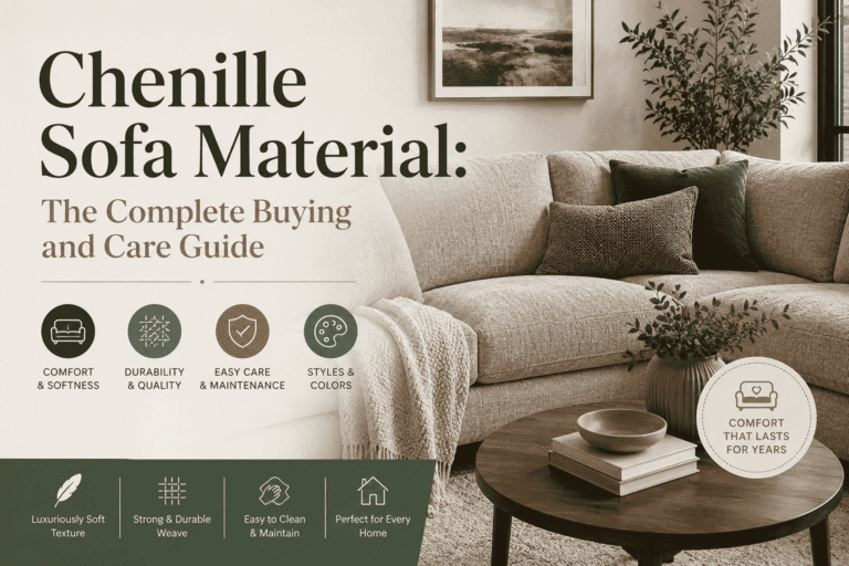 Modern living room featuring a soft chenille sofa, showcasing the comfort, durability, and elegant texture of chenille sofa material in a stylish home interior.