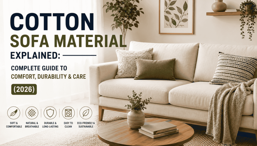 Cotton Sofa Material Explained – Modern cotton fabric sofa featuring soft, breathable upholstery in a contemporary living room, highlighting comfort, durability, and easy care.