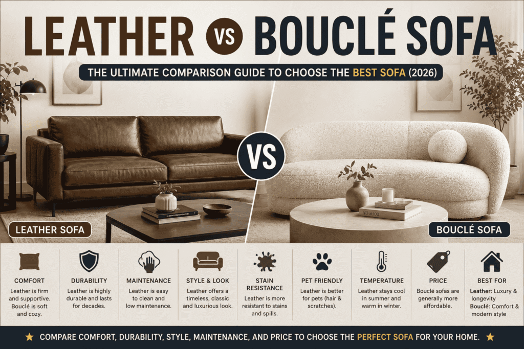 Leather vs Bouclé Sofa comparison featuring a brown leather sofa and a white bouclé sofa in a modern living room, highlighting comfort, durability, maintenance, style, and price differences to help buyers choose the best sofa in 2026.