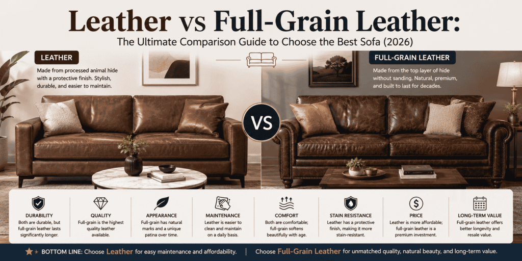 Leather vs Full-Grain Leather comparison showing a standard leather sofa and a premium full-grain leather sofa in a modern living room.