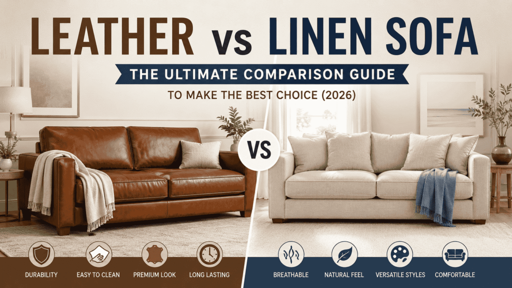 Leather vs Linen Sofa comparison showing a brown leather sofa and a beige linen sofa side by side in a modern living room, highlighting comfort, durability, style, and maintenance differences for buyers in 2026.