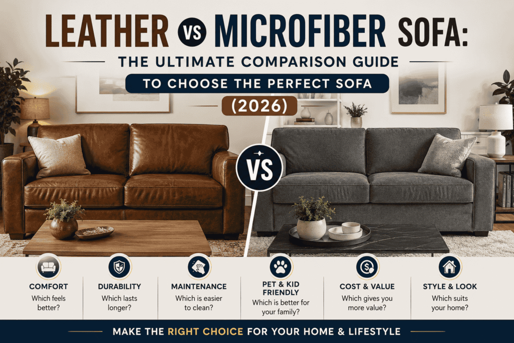 Leather vs Microfiber Sofa comparison featuring a brown leather sofa and a grey microfiber sofa to compare comfort, durability, maintenance, cost, and style for choosing the perfect sofa.