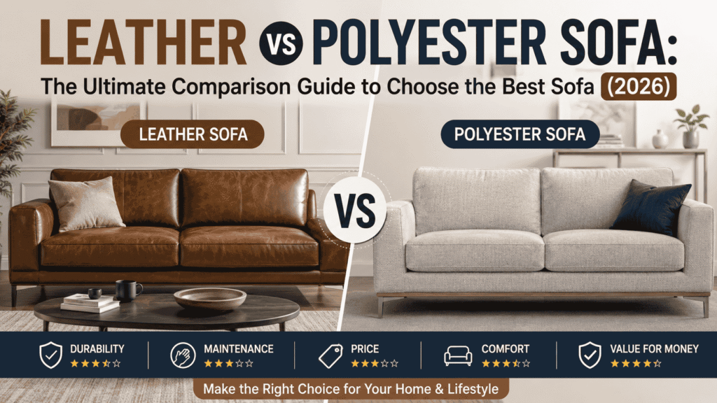 Leather vs Polyester Sofa comparison showing a brown leather sofa and a light grey polyester sofa side by side, highlighting differences in comfort, durability, maintenance, price, and overall value.