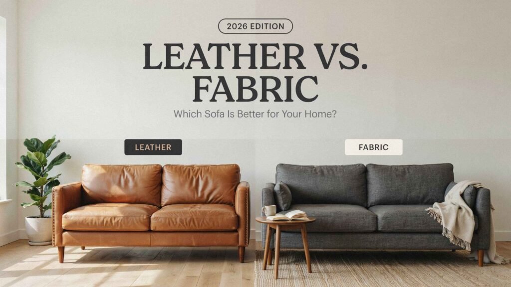 Leather vs. Fabric Sofa comparison showing comfort, durability, maintenance, and style differences