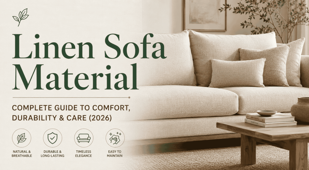 Modern beige linen sofa in a bright living room showcasing linen sofa material with a natural texture, highlighting comfort, durability, and easy care
