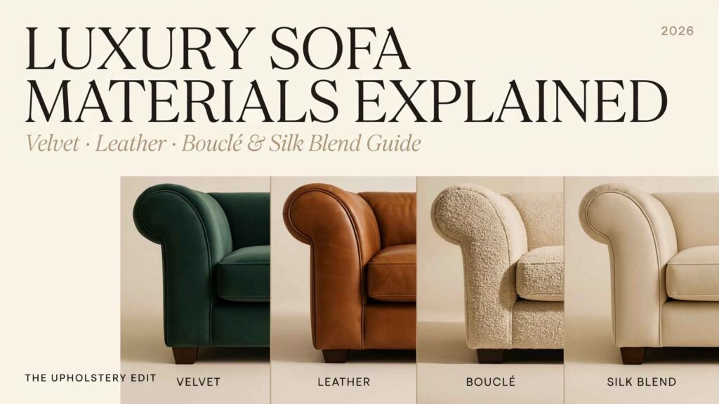 Luxury sofa materials including leather, velvet, and bouclé in a modern living room