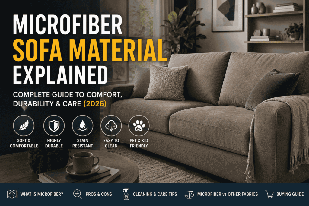 Microfiber sofa material in a modern living room showcasing a soft, durable, and stain-resistant microfiber couch – complete guide to comfort, durability, and care (2026).