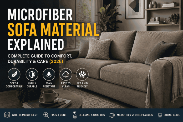 Microfiber sofa material in a modern living room showcasing a soft, durable, and stain-resistant microfiber couch – complete guide to comfort, durability, and care (2026).