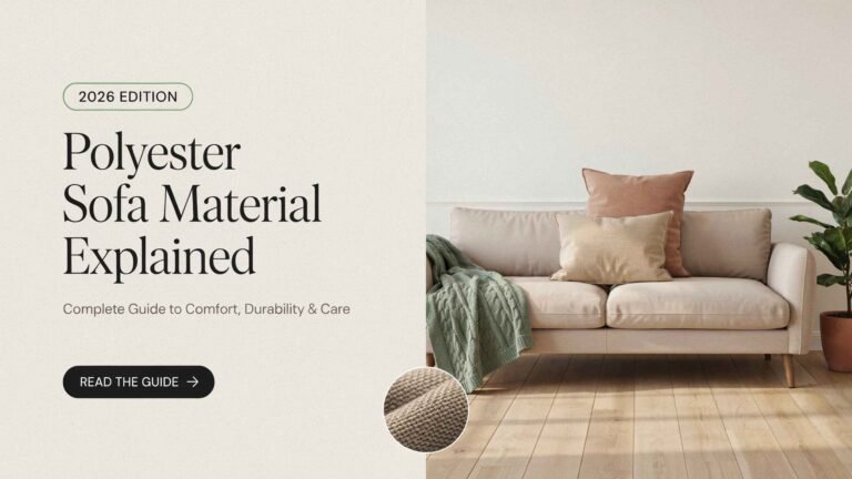 Modern polyester sofa in a bright living room, showcasing comfort, durability, and easy-care upholstery for the Polyester Sofa Material Explained Complete Guide to Comfort, Durability & Care (2026)