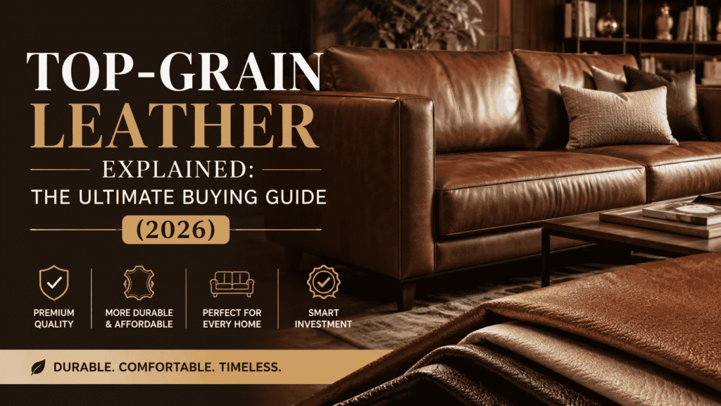 Top-grain leather sofa in a modern living room showcasing premium upholstery for the Top-Grain Leather Explained: The Ultimate Buying Guide (2026).
