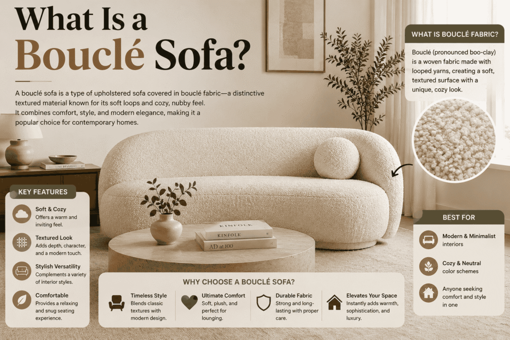 Modern white bouclé sofa in a stylish living room showcasing the soft textured fabric and explaining what a bouclé sofa is, including its comfort, elegance, durability, and contemporary design.