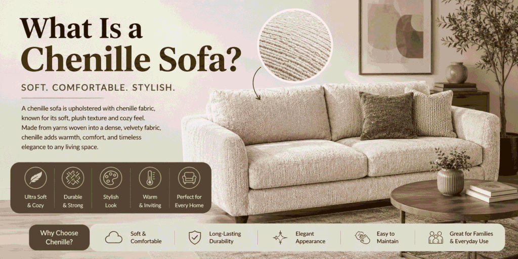 Modern chenille sofa in a cozy living room showcasing its soft textured fabric, plush comfort, stylish design, and durable upholstery.