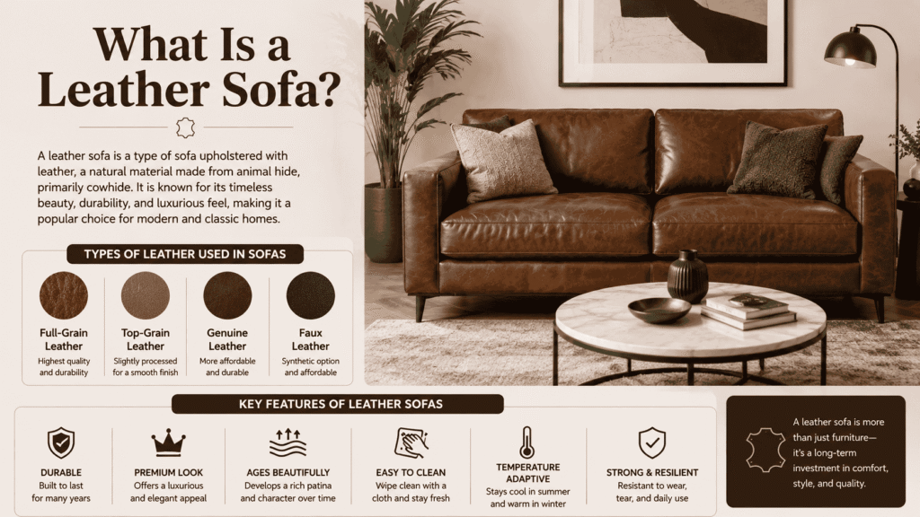 Premium brown leather sofa in a modern living room illustrating what a leather sofa is, including full-grain, top-grain, genuine, and faux leather types with key features and benefits.