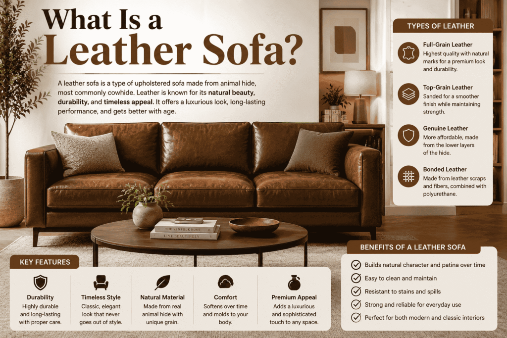 Premium brown leather sofa in a modern living room illustrating what a leather sofa is, with examples of full-grain, top-grain, genuine, and bonded leather, highlighting durability, comfort, luxury, and easy maintenance.