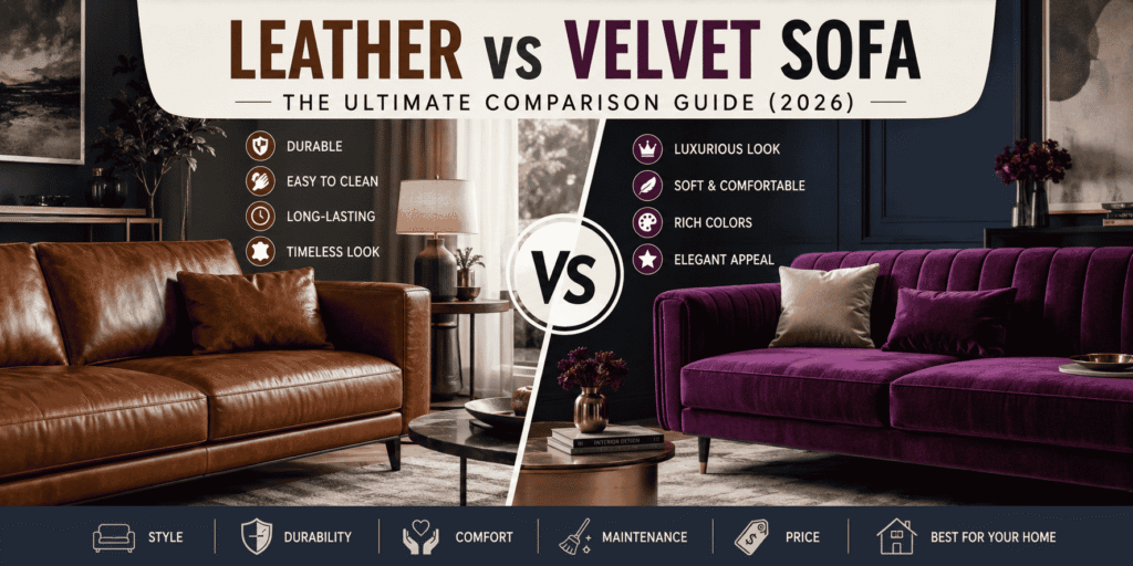 Leather vs velvet sofa comparison showing a textured leather couch beside a plush velvet couch in a modern living room