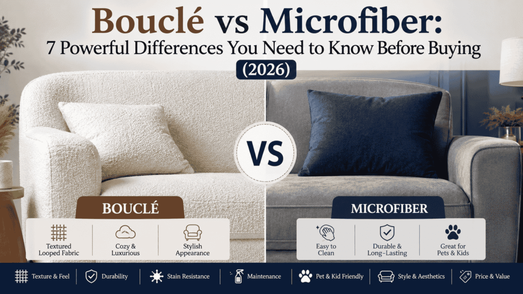 Bouclé vs microfiber sofa comparison showing differences in texture, durability, stain resistance, maintenance, pet and kid friendliness, style, and overall value.