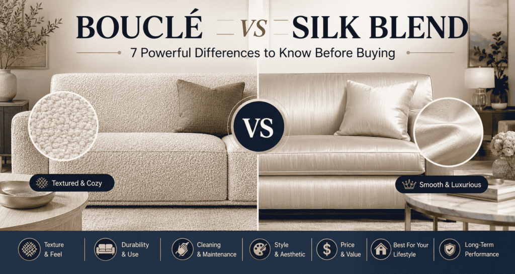 Bouclé vs Silk Blend sofa fabrics compared side by side, showing differences in texture, luxury, durability, cleaning, style, price, and lifestyle suitability.