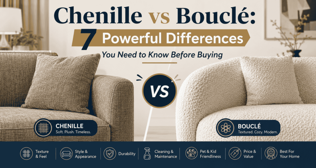 Chenille vs Bouclé sofa fabrics compared for texture, style, durability, cleaning, pet and kid friendliness, price, and everyday use.
