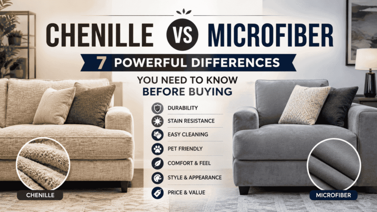 Chenille vs Microfiber sofa fabric comparison showing differences in durability, stain resistance, cleaning, comfort, pet friendliness, style, and value.
