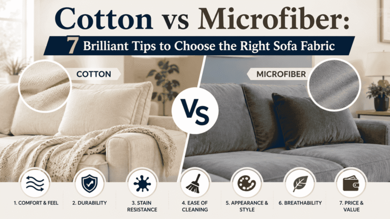 Cotton vs microfiber sofa fabric comparison showing comfort, durability, stain resistance, cleaning, style, breathability, and value.