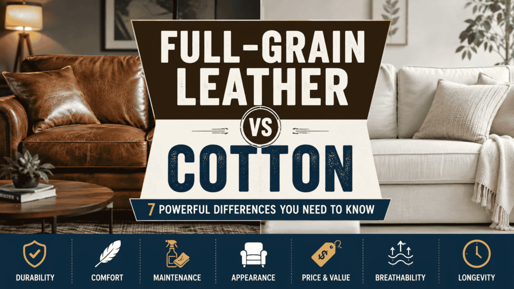 Full-grain leather vs cotton sofa comparison showing differences in durability, comfort, maintenance, appearance, price, breathability, and longevity