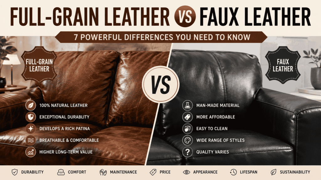 Full-Grain Leather vs Faux Leather comparison showing two sofas and differences in durability, comfort, maintenance, price, appearance, lifespan, and sustainability.