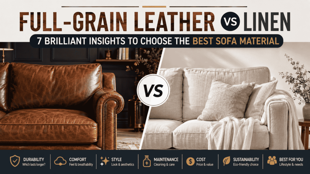 Full-grain leather vs linen sofas compared for durability, comfort, style, maintenance, cost, sustainability, and lifestyle