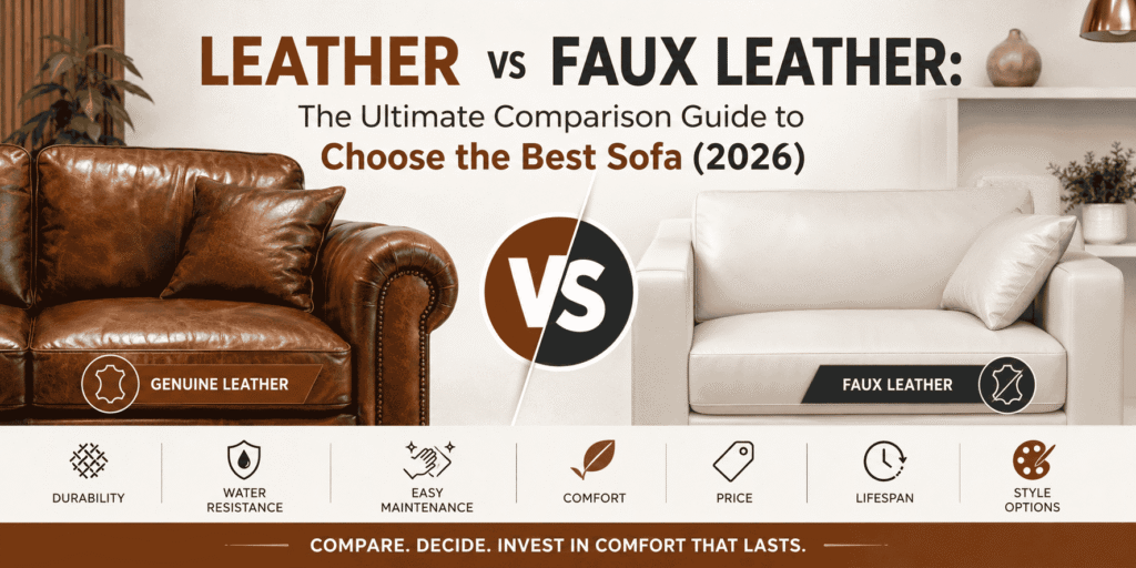 Leather vs Faux Leather comparison showing genuine leather and faux leather sofas to help choose the best sofa material for comfort, durability, maintenance, and value in 2026.