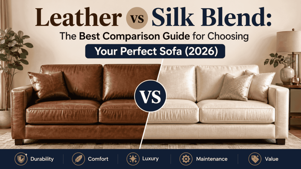 Leather vs Silk Blend comparison featuring a brown leather sofa and a cream silk blend sofa in a modern living room, highlighting comfort, durability, luxury, maintenance, and value.