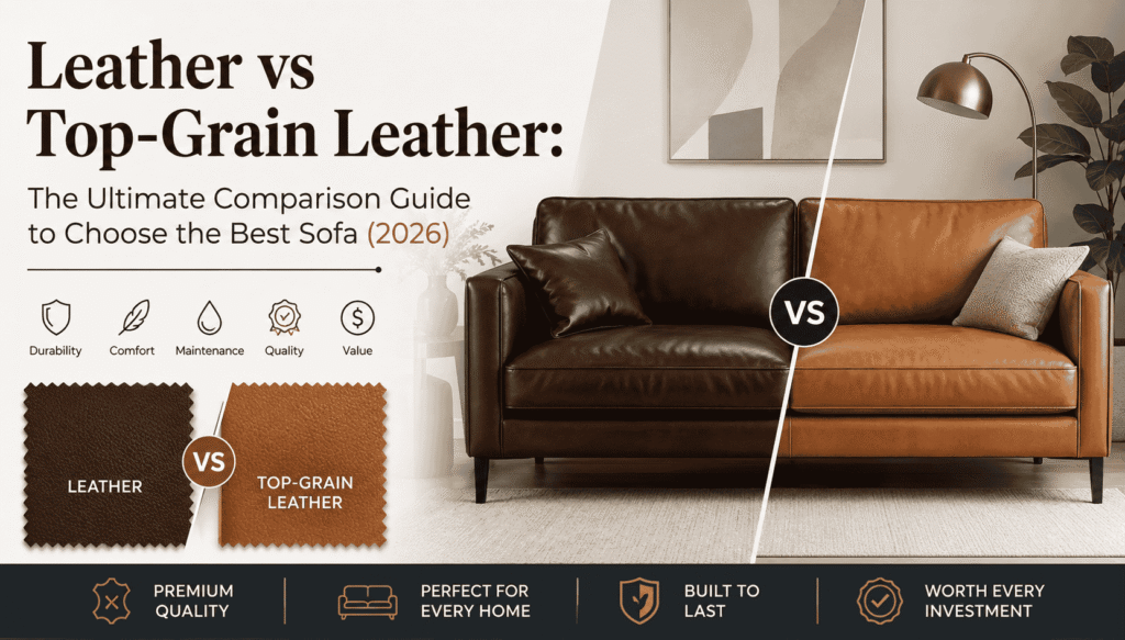Leather vs Top-Grain Leather comparison featuring two premium leather sofas in a modern living room, highlighting durability, comfort, appearance, and value for choosing the best sofa in 2026.