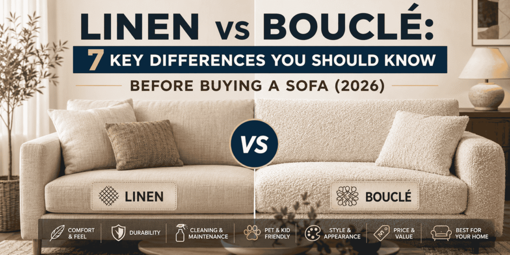 Linen vs Bouclé sofa fabric comparison showing 7 key differences in comfort, durability, cleaning, pet-friendliness, style, and value.