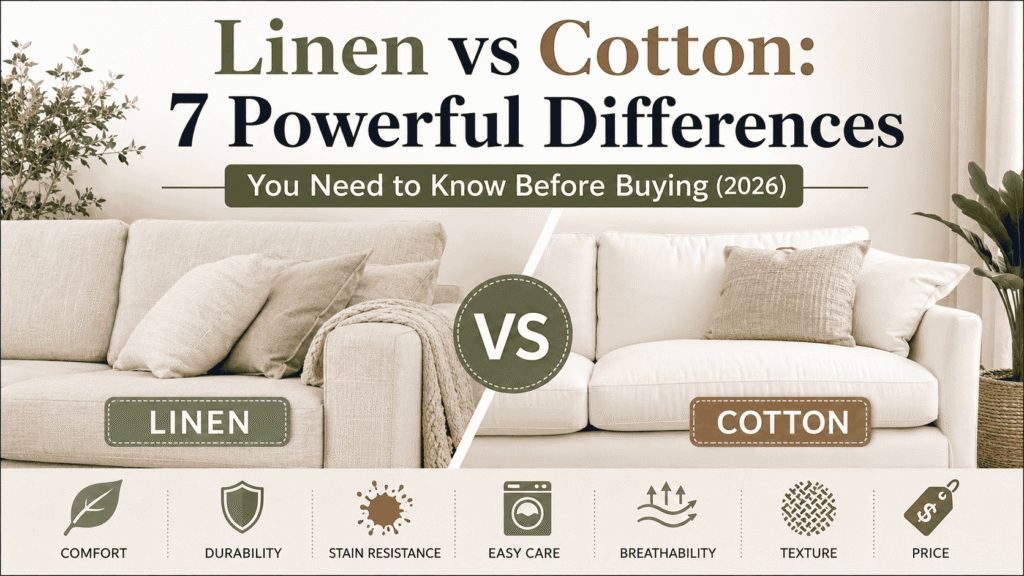 Linen vs Cotton sofa fabric comparison showing comfort, durability, maintenance, and appearance.