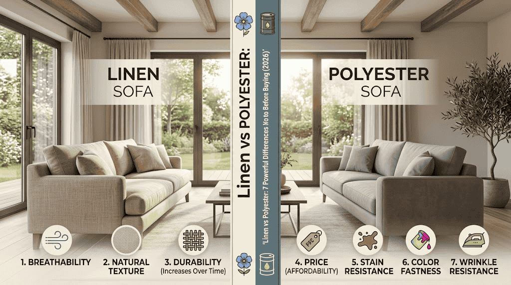 Linen vs Polyester sofa fabric comparison showing differences in breathability, texture, durability, price, stain resistance, colorfastness, and wrinkle resistance.
