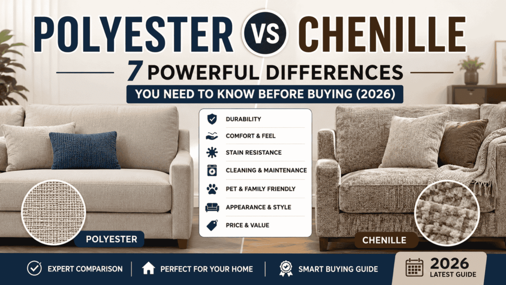 Polyester vs Chenille sofa fabric comparison showing differences in durability, comfort, stain resistance, cleaning, pet and family friendliness, style, and value.