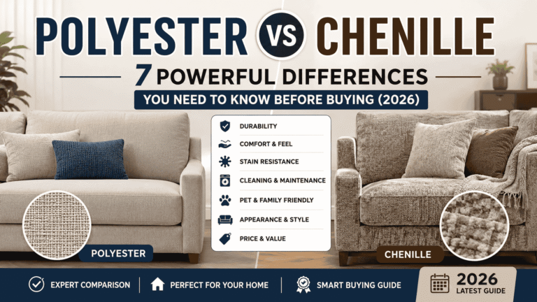 Polyester vs Chenille sofa fabric comparison showing differences in durability, comfort, stain resistance, cleaning, pet and family friendliness, style, and value.