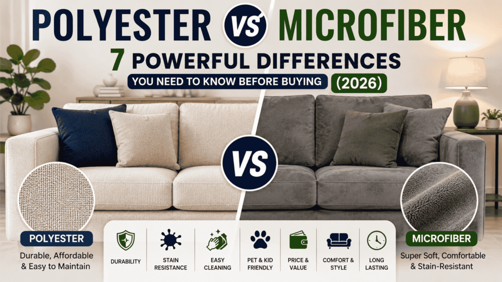 Polyester vs Microfiber sofa fabric comparison showing durability, comfort, stain resistance, cleaning, and value