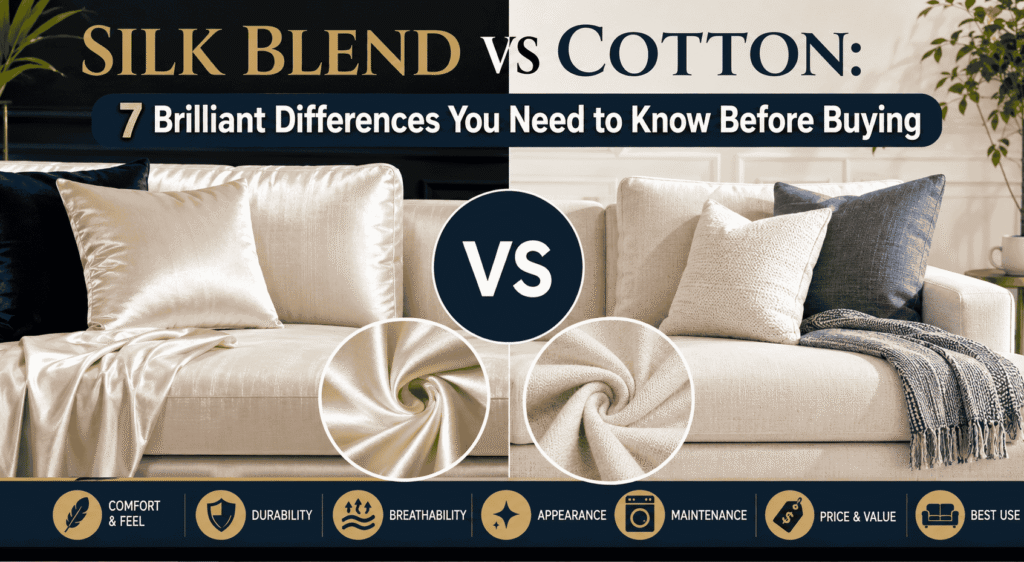 Silk Blend vs Cotton sofa fabric comparison showing differences in comfort, durability, breathability, appearance, maintenance, price, and best use.